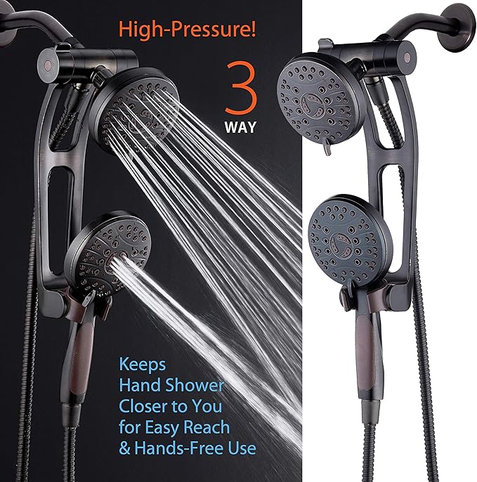 High Pressure 48-mode Luxury 3-way Combo with Adjustable Extension Arm – Dual Rain & Handheld Shower Head – Extra Long 6 Foot Stainless Steel Hose – All Oil Rubbed Bronze Finish – Top US Brand