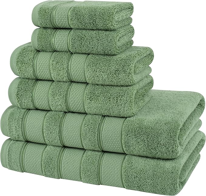 American Soft Linen Salem Turkish Bath Towel Set, 100% Cotton 600 GSM 6 Piece Towels for Bathroom, 2 Bath Towels 2 Hand Towels 2 Washcloths, Sage Green