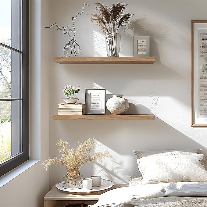 24 Inch Floating Shelves for Wall Rustic Light Wood Wall Shelves for Bedroom Set of 4