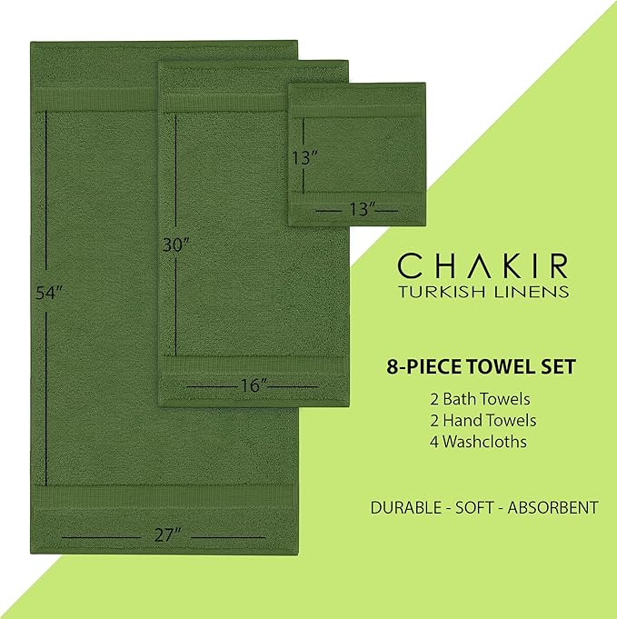 Chakir Turkish Linens | Hotel & Spa Quality 100% Cotton Premium Turkish Towels | Soft & Absorbent (8-Piece Towel Sets, Moss)