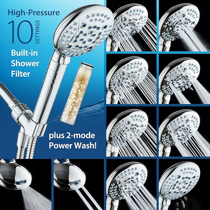AquaCare 4X High Pressure 10-mode Filter Handheld Shower Head with Dual Power Wash - Clean Tub, Tile & Pets, Remove Chlorine, Metals & Toxins from Water to Protect Skin, Hair & Nails. Chrome Finish