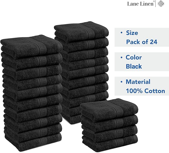 LANE LINEN 100% Cotton Washcloths 24 Pack - Spa & Salon Quality Face Towels - Ring Spun, Soft & Absorbent Wash Cloths for Body, Beauty, Home, Gym - Fingertip Towels Set- 13"x13", Black Washcloths