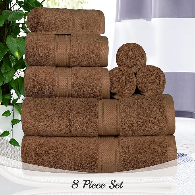 Superior Egyptian Cotton Pile 8 Piece Towel Set, Includes 2 Bath, 2 Hand, 4 Face Towels/Washcloths, Ultra Soft Luxury Towels, Thick Plush Essentials, Guest Bath, Spa, Hotel Bathroom, Chocolate