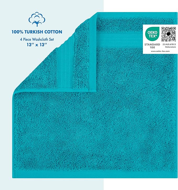 Cotton Paradise 100% Cotton Turkish Washcloth Set for Bathroom, 4 Piece Soft Absorbent Small Hand Face Towels Wash Rags, Aqua Blue