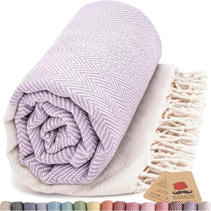 Bazaar Anatolia Turkish Beach Towel 100% Cotton Bath Towels 71x39 Quick Dry Sand Free Lightweight Large Oversized Herringbone Lavander Lilac