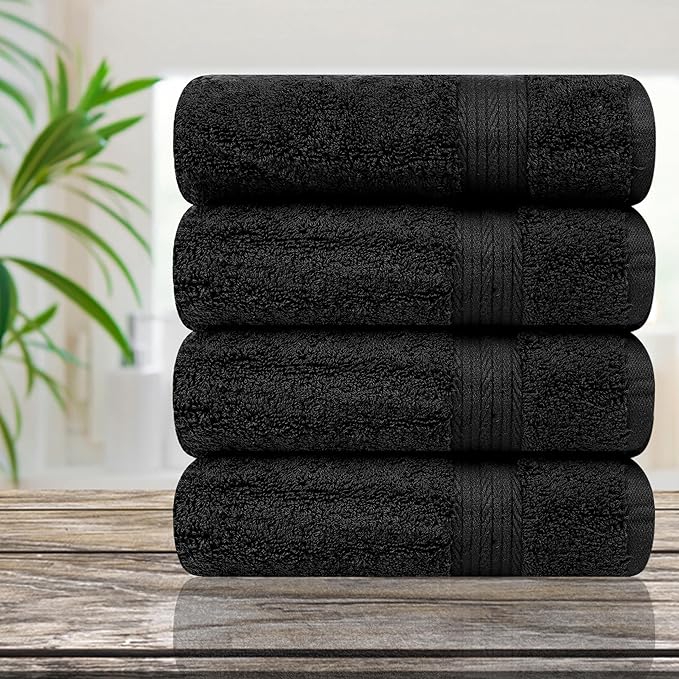 Ample Decor Bathroom Hand Towel 18 X 28 Inch 600 GSM 100% Cotton, Soft Absorbent - 4 Pcs Black