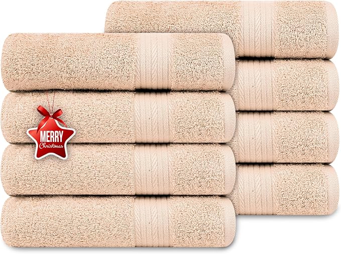 Ample Decor Hand Towel 18 X 28 Inch Pack of 8 600 GSM 100% Cotton,Oeko Tex Certified Soft Absorbent Thick Durable Premium Quality, for Hotel, Bathroom, Spa, Daily Use,Gym-Machine Washable-Beige