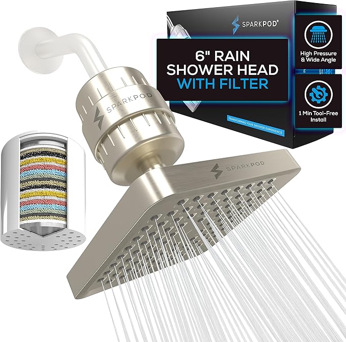 SparkPod Luxury Filtered Shower Head Set 23 Stage Shower Filter - Reduces Chlorine and Heavy Metals - High Pressure Showerhead Filter (6" Square, Elegant Brushed Nickel)