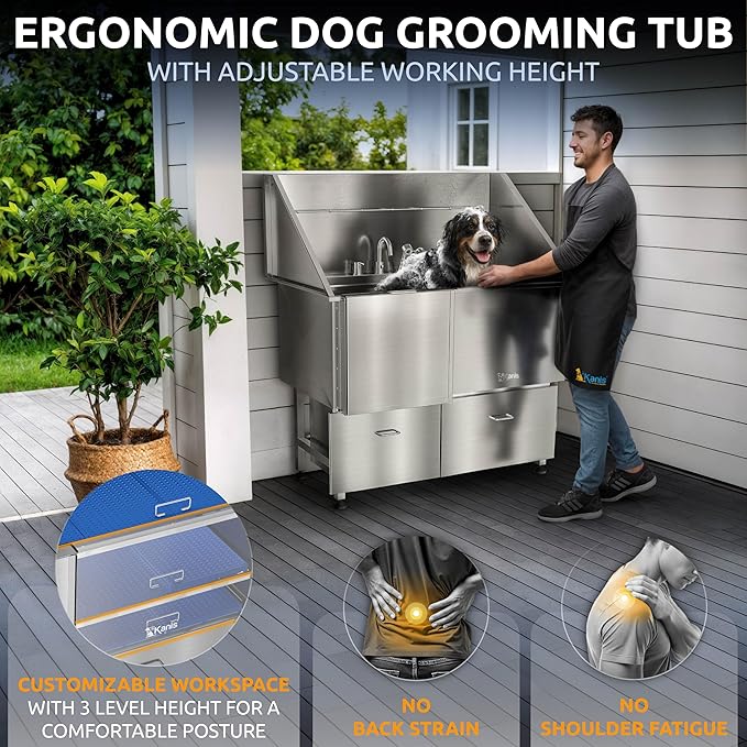 KANIS Professional Dog Washing Station - 304 Stainless Steel Pet Wash Sink & Grooming Bathtub w/Shower, Floor Grates and Storage for Large, Medium & Small Pets (50", 2 Drawers - Left Ramp)