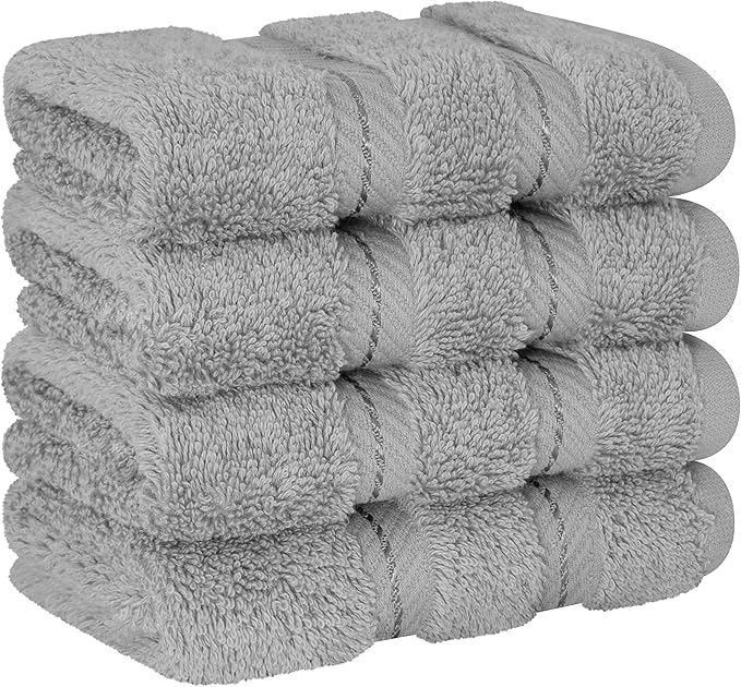 American Soft Linen Luxury Washcloths for Bathroom, 600 GSM 100% Cotton 4 Piece Turkish Wash Cloth Set, 13x13 in Soft Rags for Body and Face, Light Grey Washcloths