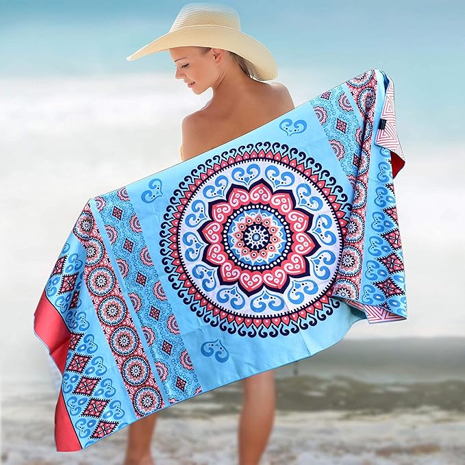 Elite Trend Microfiber Beach Towel for Adults with Bag - Extra Large 78x35 Inch Lightweight Sand Free Quick Dry Towel for Travel, Swimming, Yoga, Camping (Mandala Coral)
