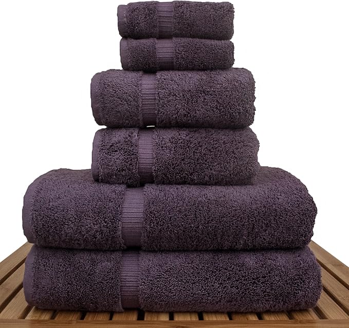 Luxury Hotel & Spa Quality, Quick Dry 100% Turkish Cotton, 700 GSM, Eco Friendly Towel, Bathroom and Kitchen Dobby Border Towels, 2-Bath Towel, 2-Hand Towel, 2-Washcloth (Bundle Set of 6, Plum)