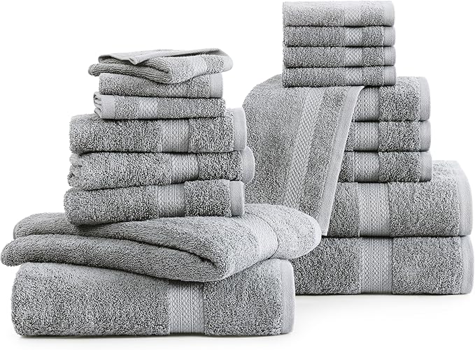LANE LINEN 100% Ring Spun Cotton Bath Towel Set - 18 PCs - 4 Shower Towels, 8 Washcloths, 6 Hand Towels for Bathroom - Machine Washable, Quick Drying, Soft & Highly Absorbent - Space Grey