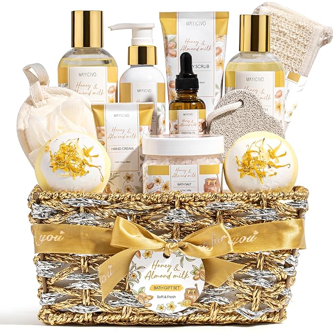 Christmas Birthday Gifts for Women, Honey & Almond Milk Relaxing Spa Gift Baskets for Women Self Care Package Bath Gift Set, Home Bath and Body Kit Pamper Gifts for Womens Mom Her Friends Sister Wife