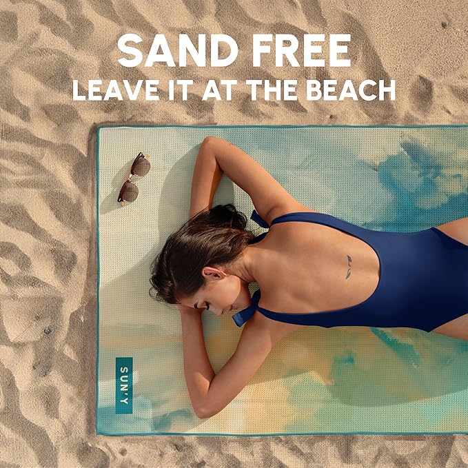 SUN'Y Waffle Microfiber Beach Towel – Sand Free, Quick Dry, Ultra Absorbent, Lightweight & Compact Travel Towel with Carry Bag - Large (63” x 31.5”), Laguna