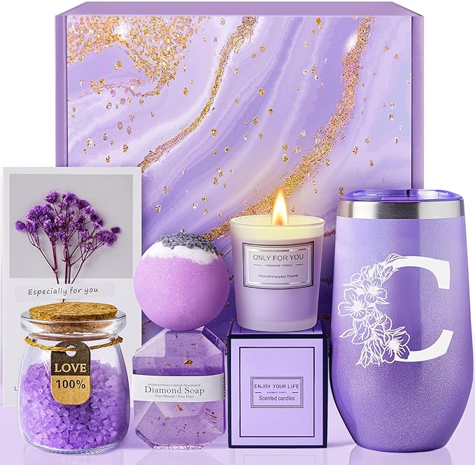Gifts for Women, Mom, Wife, Girlfriend, Sister, Friends Her - Unique Birthday, Christmas, Valentine's Day, Mothers Day Gifts, Wedding Gifts - Initial Lavender Spa Gift Basket Box (C)