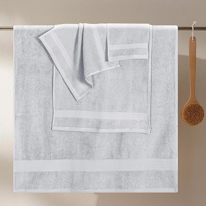 GLAMBURG Ultra Soft 8 Piece Towel Set - 100% Pure Ring Spun Cotton, Contains 2 Oversized Bath Towels 27x54, 2 Hand Towels 16x28, 4 Wash Cloths 13x13 - Ideal for Everyday use, Hotel & Spa - Light Grey