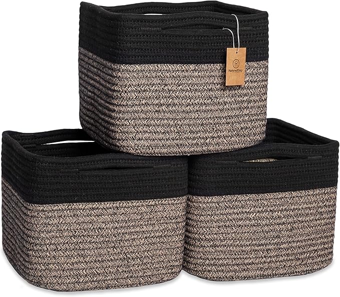 NaturalCozy Storage Cubes 9”x9”x7”Cotton Rope Woven Baskets for Organizing 3-Pack | 9 Inch Cube Storage Bin | Small Basket for Shelf Nursery, Pantry, Decorative Plant, Bathroom Closet, Toy Gift