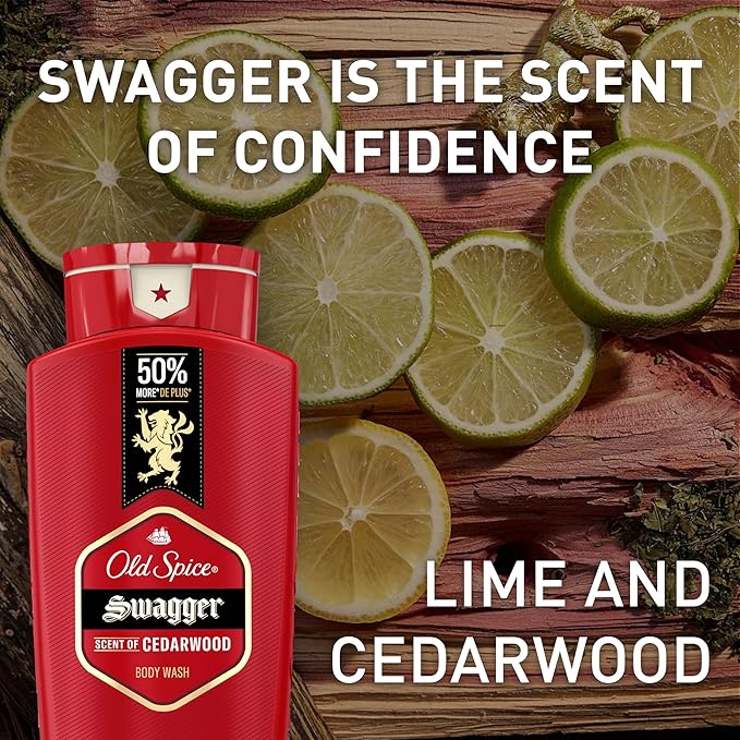 Old Spice Refreshing Body Wash for Men, 3X Defense, 24/7 Shower Fresh with Long Lasting Scent, Red Collection, Swagger with Cedarwood Scent, 24 oz (Pack of 2)