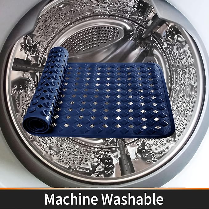 Yimobra Square Shower Mat Non Slip, Super Strong Suction Cups, 21"x21" Bath Tub Mat with Drain Holes, Machine Washable Fast Draining Bath Mats, Bathroom Essentials,Navy Blue