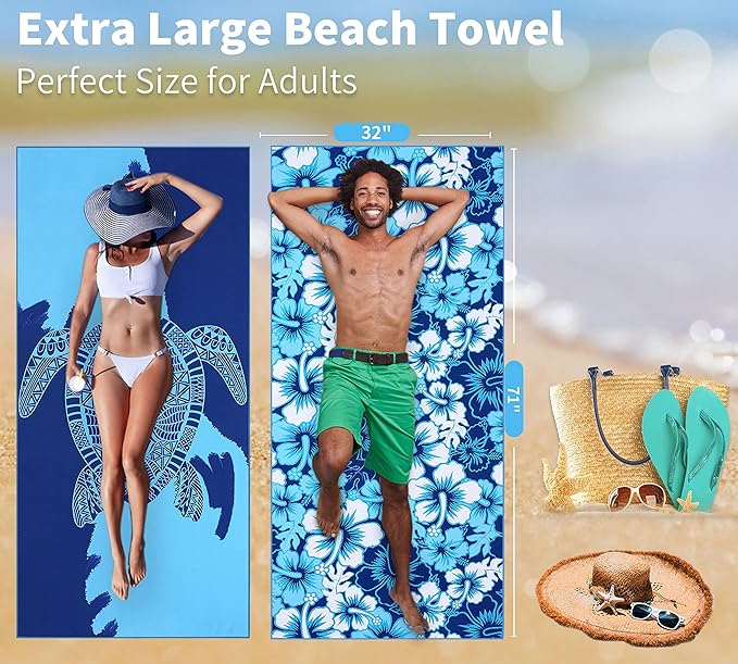 6 Pack Lightweight Thin Beach Towel Oversized 71"x32" Big Extra Large Microfiber Sand Free Towels for Adult Quick Dry Travel Camping Beach Accessories Gift Sea Turtle Mandala Tie Dye Stripe Laguna