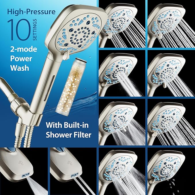 AquaCare High Pressure 10 Spray Mode Filtered Showerhead - Handheld Shower Head Filters Chlorine to Heal Dry Skin, Revive Hair - Dual Power Wash Cleans Tub, Tile, Pets - Hard Water Softener, Nickel