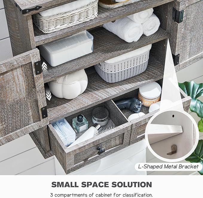 ACCOHOHO Bathroom Wall Cabinet, Farmhouse Medicine Cabinet, 24" Wide Cabinet with Drawer, Adjustable Shelf, Double Barn Doors, Storage Cabinet for Bathroom, Kitchen, Living Room, Grey Wash