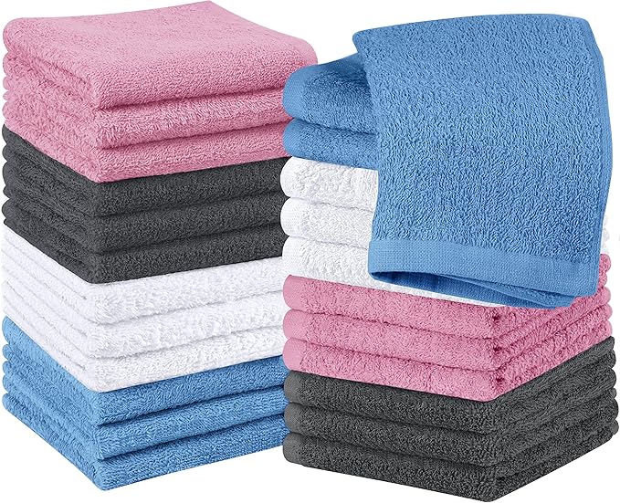 Utopia Towels 24 Pack Cotton Washcloths Set, 100% Ring Spun Cotton, Premium Quality Flannel Face Cloths, Highly Absorbent and Soft Feel Fingertip Towels, White, Grey, Electric Blue, Pink