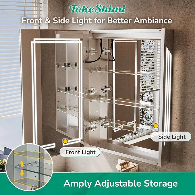 TokeShimi 24 x 32 Bathroom Mirror Medicine Cabinet with Light 3 Colors, Anti-Fog Tempered LED Mirror with Storage, Stepless Dimming CRI 80+, Memory Funtion, Wall Mirrored Cabinet for Bathroom Décor