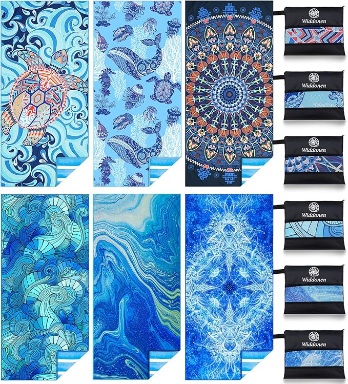 6 Pack Microfiber Lightweight Beach Towel Sand Free Quick Dry Absorbent Thin Compact Towels for Swimming Pool Camping Beach Accessories Large Easy Pack Travel Things for Vacation Essentials Gift