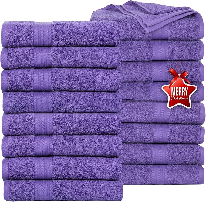 Ample Decor Bath Towels Pack of 16 600 GSM 100% Cotton, Absorbent Soft Premium Quality Machine Washable, Oeko Tex Certified, for Bathroom, Hotel, Spa, Gym, Kitchen - Purple - 30 X 54 Inch