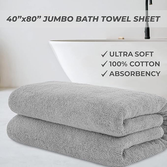 Cotton Paradise 100% Cotton 40x80 Oversized Bath Sheet, Extra Large Turkish Bath Towels for Bathroom, Light Gray Bathsheet