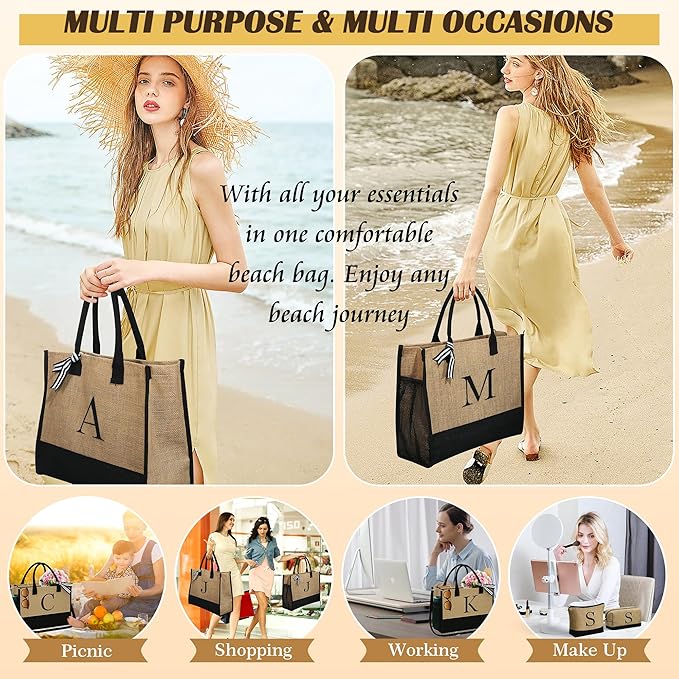 YOOLIFE Christmas Gifts for Women - Initial Jute Tote Bag & 2 Makeup Bags Personalized Gifts for Women Teacher Mom Friend