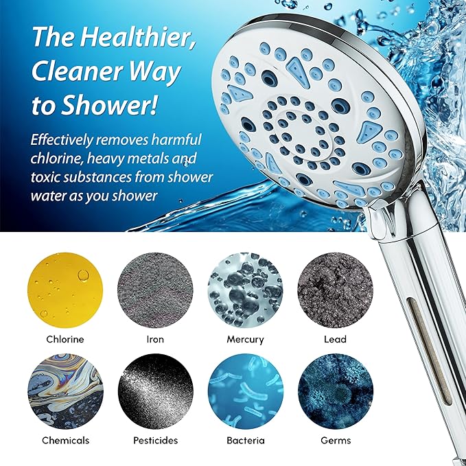 AquaCare High Pressure 10 Spray Mode Filtered Showerhead - Handheld Shower Head Filters Chlorine to Heal Dry Skin, Revive Hair - Dual Power Wash Cleans Tub, Tile, Pets - Hard Water Softener, Chrome