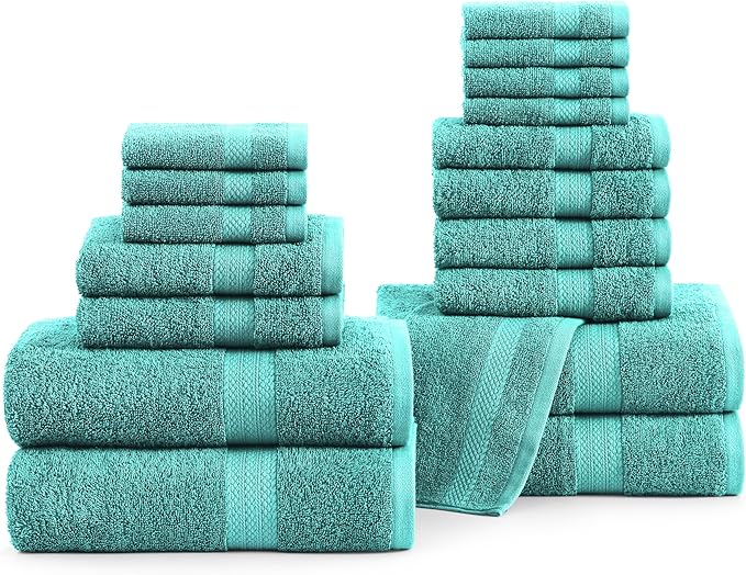 LANE LINEN 100% Ring Spun Cotton Bath Towel Set, 18PCs - 4 Shower Towels, 8 Washcloths, 6 Premium Hand Towels for Bathroom - Hotel Quality Softness & Oeko-Tex Certified, Sustainably Produced - Teal
