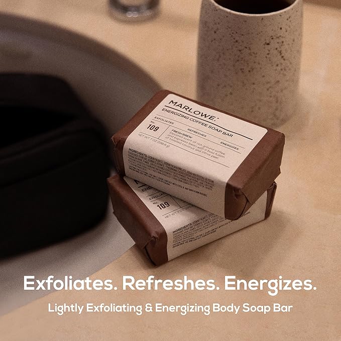 MARLOWE. No. 109 Coffee Bar Soap 7 oz (6 Bars) – Exfoliating Body Scrub for Men with Natural Extracts, Caffeine, Coffee Bean & Cocoa Butter – Energizing Fresh Brewed Scent