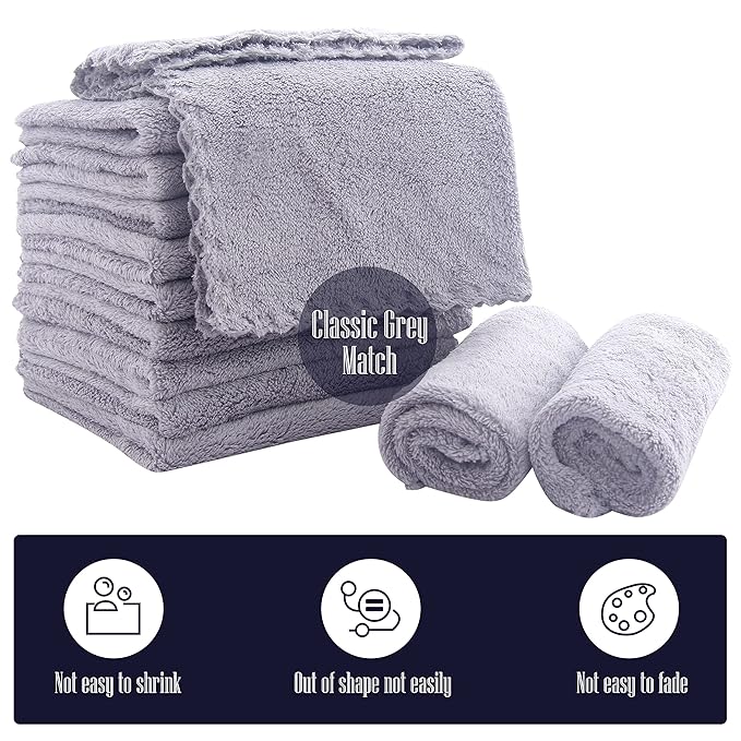 16 Pack Baby Washcloths - Luxury Coral Fleece - Extra Absorbent and Soft Wash Clothes for Newborn, Infants and Toddlers - Suitable for Sensitive Skin and New Born - Baby Shower - Light Grey,10x10 Inch