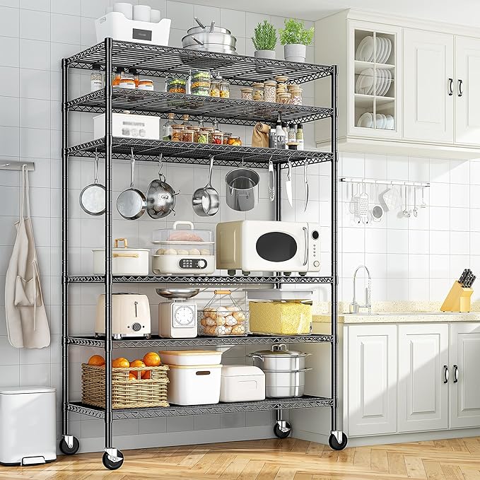 82" H X45 W X18 D Storage Shelves with Wheels, 6 Tier Wire Shelving Adjustable Metal Shelving Pantry Shelves Capacity 1200LBS for Garage Shelving, Pantry, Kitchen, Closet, Black,2P