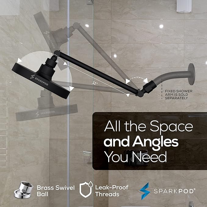 SparkPod Round Rain Shower Head with Extension Arm - Height Adjustable Shower Head with High Pressure Performance - Easy 1-Minute Installation (11" Arm Extension, Midnight Black Matte)