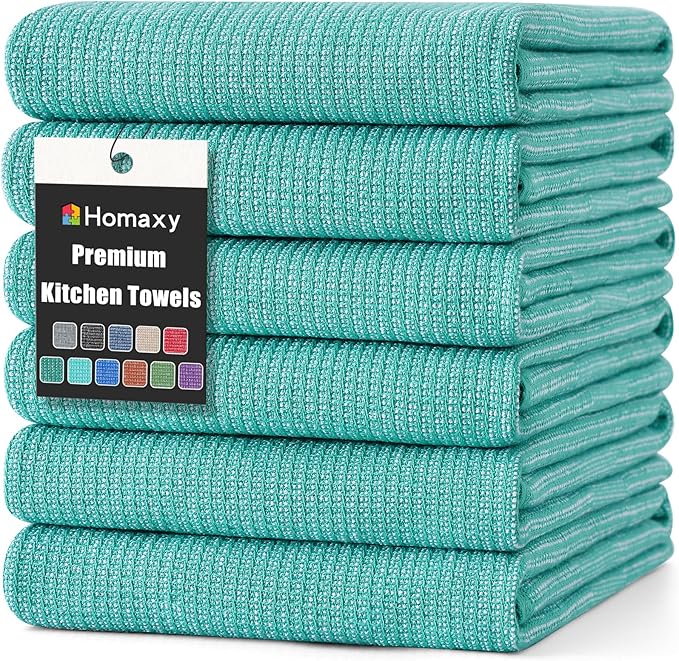 Homaxy Premium Kitchen Towels(18”x 28”, 6 Pack), Large Cotton Kitchen Hand Towels, Flat and Terry Dish Towels, 380 GSM Highly Absorbent Tea Towel Set with Hanging Loop, Teal