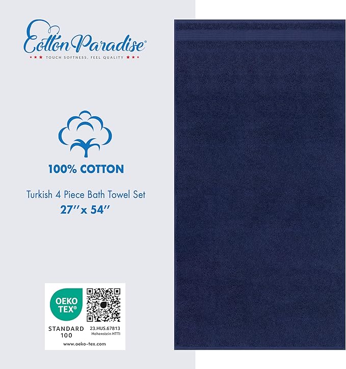 Cotton Paradise 4 Piece Turkish Bath Towels for Bathroom, 100% Cotton Extra Large Soft Plush Towels Bathroom Set, Navy Blue