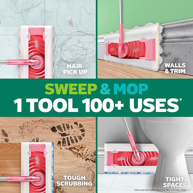 Swiffer Sweep and Mop Deluxe, Limited Edition Pink Wicked: for Good, 2-in-1 Floor Mopping and Sweeping Kit, 1 Sweeper Device, 5 Heavy Duty Dry Sweeping Cloths, 3 Heavy Duty Wet Mopping Cloths