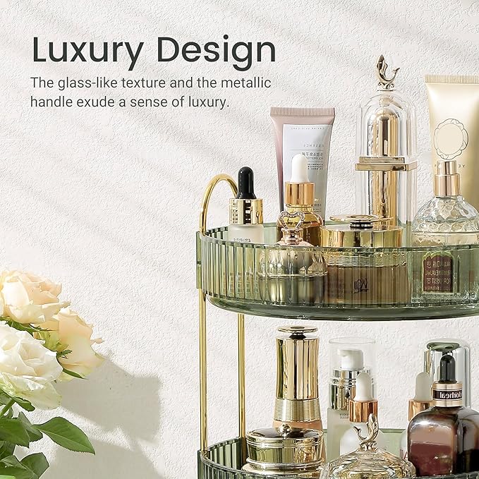 Rotating Makeup Organizer for Vanity, Perfume Skin Care Organizers Large, Bathroom Counter Make Up Cosmetic Storage, Clear Spinning Skincare Lipstick Holder,3 Tiers, Green
