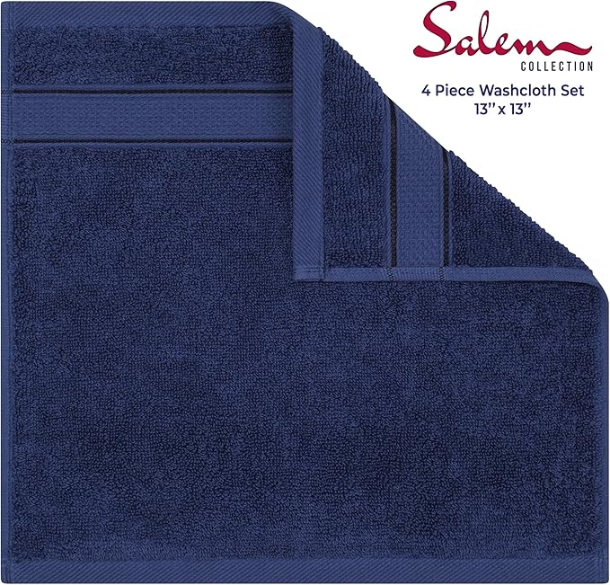 American Soft Linen Salem Washcloth Sets, 4 Piece Luxury 600 GSM 100% Cotton Washcloths for Bathroom, 13x13 inches Washrags Premium Quality Hand Face Towels, Navy Blue