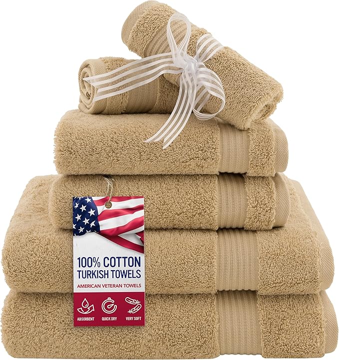American Veteran Towel, 6 Piece Towel Set for Bathroom, 100% Cotton Turkish Bathroom Towels, 2 Bath Towels 2 Hand Towels 2 Washcloths, Beige