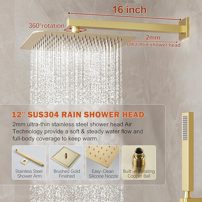 Shower System, Gold Shower Faucet Set with 12-Inch Rain Showerhead and Handheld Spray, Wall Mounted High-Pressure Showerhead Combo Set Included Valve and Trim, Brushed Gold