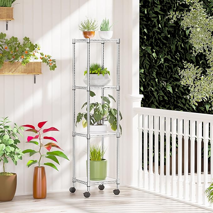 IZEUK 4 Tier Steel Storage Shelves, Adjustable Wire Shelving Unit for Kitchen, Bathroom, or Office Organization, Heavy Duty Metal Rack, 11.8" D x 11.8" W x 48.1" H, Chrome