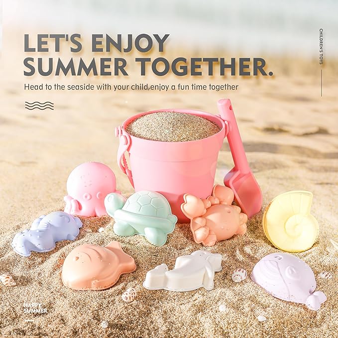 MarcZero 11Pcs Silicone Beach Toys,Modern Baby Beach Toys,Travel Friendly Beach Set,Eco Friendly Toy,Silicone Bucket, Shovel, 8 Sand Molds, Beach Bag,Silicone Sand Toys for Toddlers, Kids (Peach Pink)
