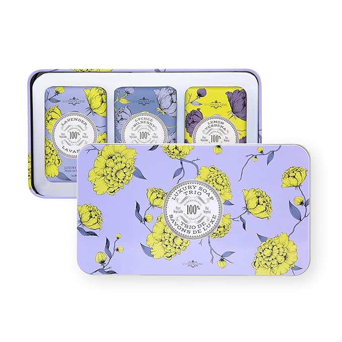 La Chatelaine Luxury Bar Soap Trio Gift Set Tin | Made in France | Natural and Organic | Shea Butter Formula | 3 x 7 oz / 200g - Lavender Soap Trio (Lavender, Lychee Bilberry, Lemon Verbena)