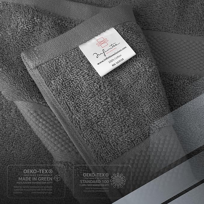 Infinitee Xclusives Luxury 100% Cotton Towel Set – 8 Piece Bathroom Towel Set (2 Bath Towels, 2 Hand Towels, 4 Washcloths) – Soft & Absorbent Towels for Bathroom (Shadow Grey)